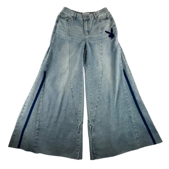Playboy super wide flare jeans embroidered retro 90s Junior sz 11 - Picture 1 of 9